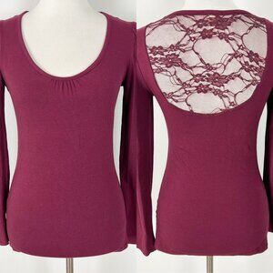 Y2K Women’s Dark Red Knit Tee with Lace Back Long Sleeve Size Medium Women's